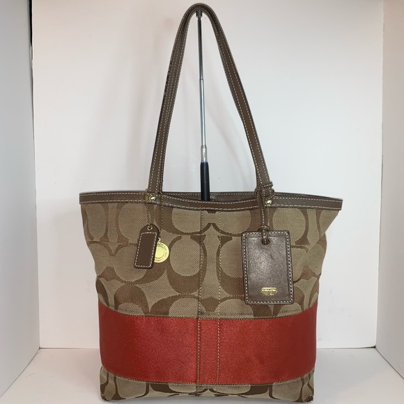 Coach Traditional Signature Khaki Red Stripe Tote - Picture 2 of 8
